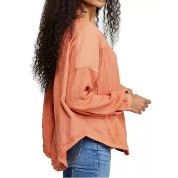 Free People “We the Free” Perpetual Sunset Orange Coral Ling Sleeve Top Sz XS - Picture 2 of 9